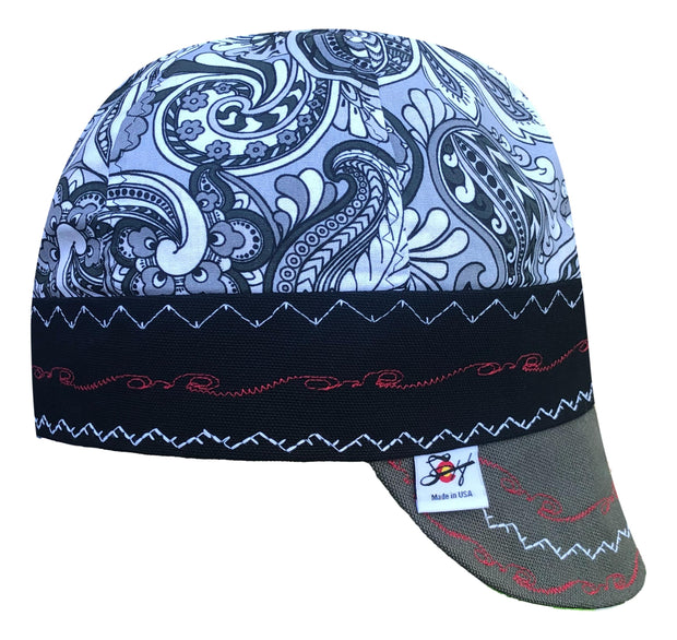 Black/White Paisley Size 7 1/2  Hybrid Welders Cap