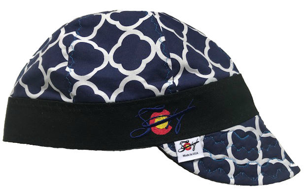 Blue Quatrefoil W/Bright Blue Stitching  Embroidered Hybrid Welding Cap